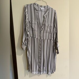 Time and Tru Gray and White Striped Long Sleeve Shirt Dress